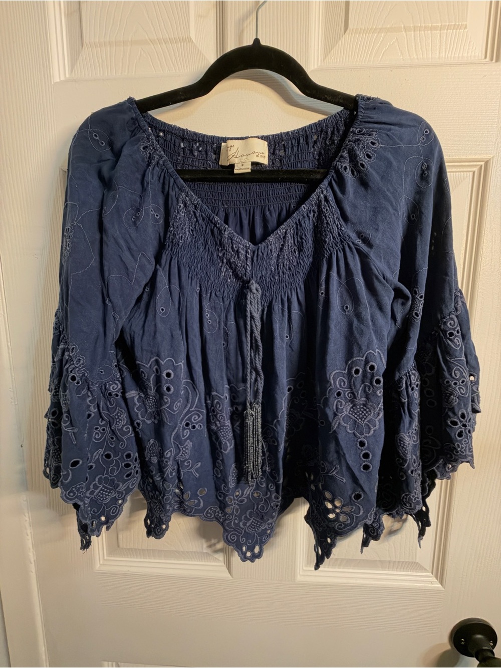 Vintage Havana Navy Boho Eyelet Bell Sleeve Blouse Small